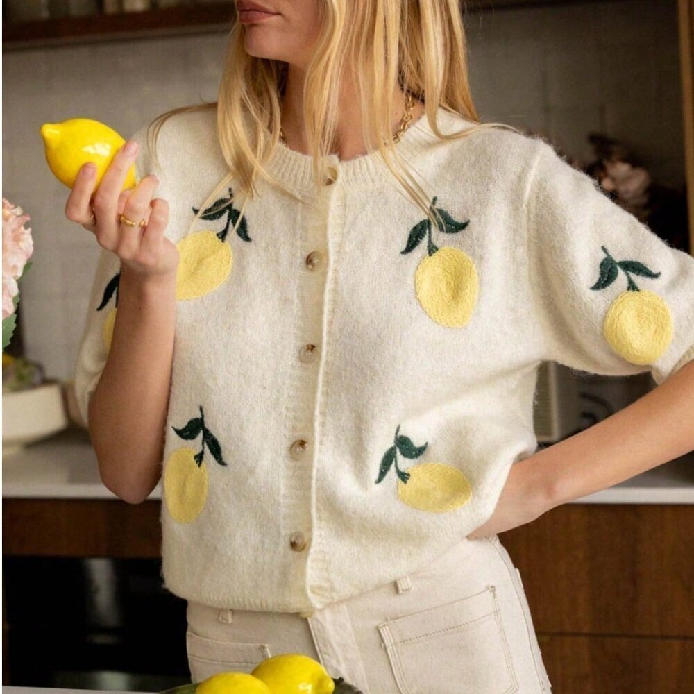 Beige Casual Women's Knit Crew Neck Cardigan with Lemon Embroidery - Picture 5 of 6